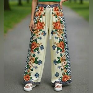 Soho Cream Floral Wide-Leg Pants with Coral and Navy Accents